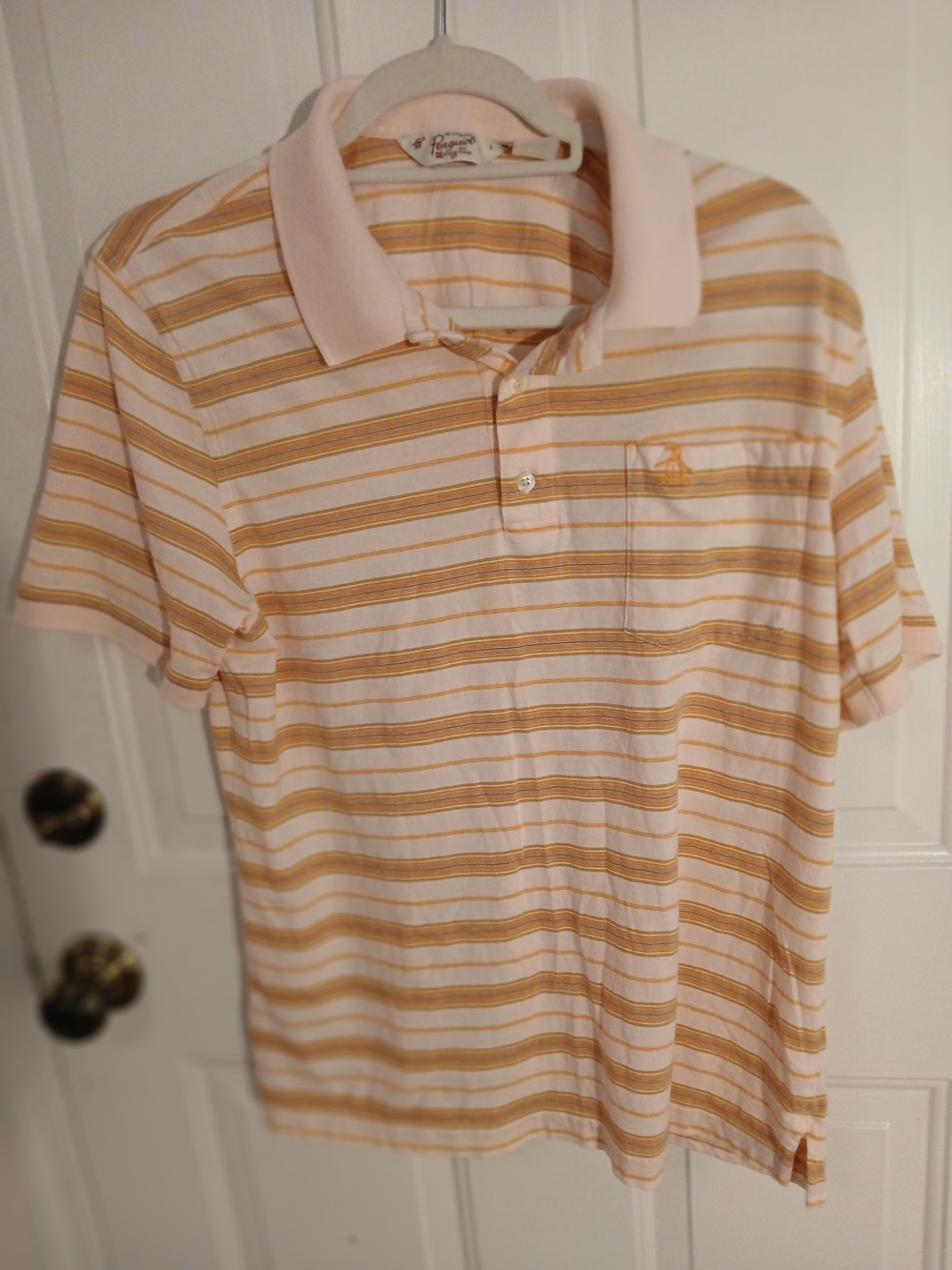 VTG Penguin Short Sleeved Striped Polo Shirt - Pale Pink & Orange